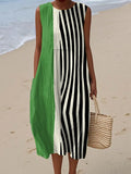 Women's Vintage Abstract Geometry Art Print Sleeveless Cotton Pocket Wrap Dress