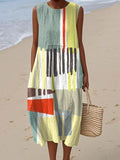 Women's Abstract Geometric Pattern Art Print Sleeveless Cotton Pocket Wrap Dress
