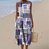 Women's Fashion Color Block Art Print Sleeveless Cotton Pocket Wrap Dress