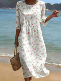 Women's Casual Solid Color Round Neck Mid-Sleeve Floral Print Cotton Linen Dress