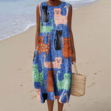 Women's Vintage Abstract Kitten Art Print Sleeveless Cotton Pocket Wrap Dress