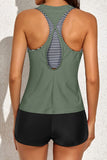 Green and Stripe 3 Piece Athletic Tankini Swimsuits for Women with Shorts Swim Tank Tops with Sports Bra