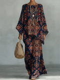 Women's Flower Print Linen Cotton Top And Wide-leg Pants Two-piece Set