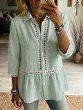 Casual Patchwork Cutout Webbing Stripe Linen-cotton Shirt