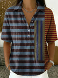 Women's Retro Color-block Striped Loose-fit Cotton-linen Short-sleeve Shirt
