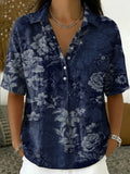 Retro Color-block Botanical Print Cotton-linen Short-sleeve Shirt