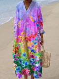 Women's Floral Art Watercolor Splash Fluid Art Print Flowy Dress