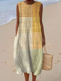 Women's Vintage Abstract Geometric Art Print Sleeveless Cotton Pocket Wrap Dress