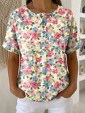 Women's Vintage Flower Pattern Printed Cotton Linen Top