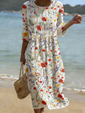 Women's Casual Solid Color Round Neck Mid-Sleeve Floral Print Cotton Linen Dress