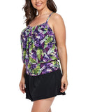 Purple Rose Lightweight Blouson Tankini With Side Slit Swim Skirt