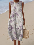Women's Vintage Floral Pattern Art Print Sleeveless Cotton Pocket Wrap Dress