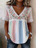 Women's Boho Rose Embroidered V-neck Striped Blouse With Lace Trim