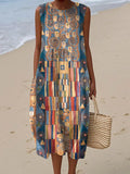 Women's Abstract Geometric Pattern Art Print Sleeveless Cotton Pocket Wrap Dress