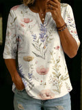 Women's Vintage Floral Art Print Cotton-linen Top With Henley Collar And Half Sleeves