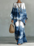 Tie-dye Style Gradient Decorative Pattern Casual Linen Cotton Top And Wide-leg Pants Two-piece Set