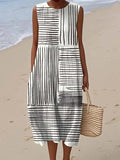 Women's Vintage Abstract Geometric Art Print Sleeveless Cotton Pocket Wrap Dress