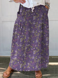 Women's Vintage Lovely Floral Art Print Casual Cotton Linen Pocket Skirt