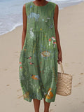 Women's Vintage Woodland Animals Pattern Art Print Sleeveless Cotton Pocket Wrap Dress