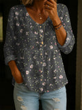 Women's Retro Flower Art Print Linen Cotton Shirt