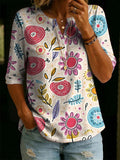 Women's Floral Pattern Art Print Casual Classic Henley Collar 100% Cotton T-shirt