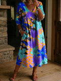 Women's Flower Print Casual Loose-fit Cotton-linen Dress With Lace Trim And Paneling