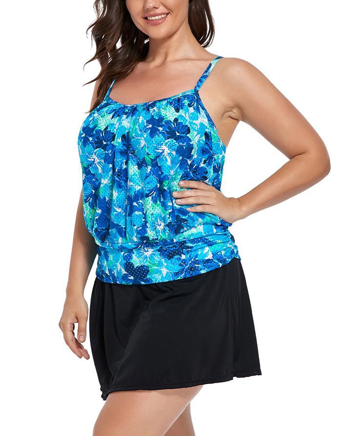 Water Orchid Lightweight Blouson Tankini With Side Slit Swim Skirt
