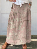 Women's Vintage Botanical Flower Print Linen Pocket Skirt