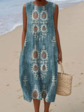 Women's Vintage Ethnic Pattern Art Print Sleeveless Cotton Pocket Wrap Dress