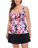 Pink Floral V-NECK Flowy Tankini With A-Line Swim Skirt
