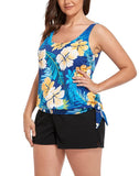 Yellow Flower Side Tie Blouson Tankini with Cargo Swim Short