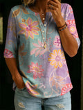 Women’s Vintage Floral Print Casual Half Sleeve Henley Cotton Top