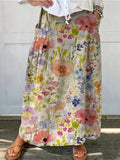 Women's Lovely Watercolor Floral Art Print Casual Linen Pocket Skirt