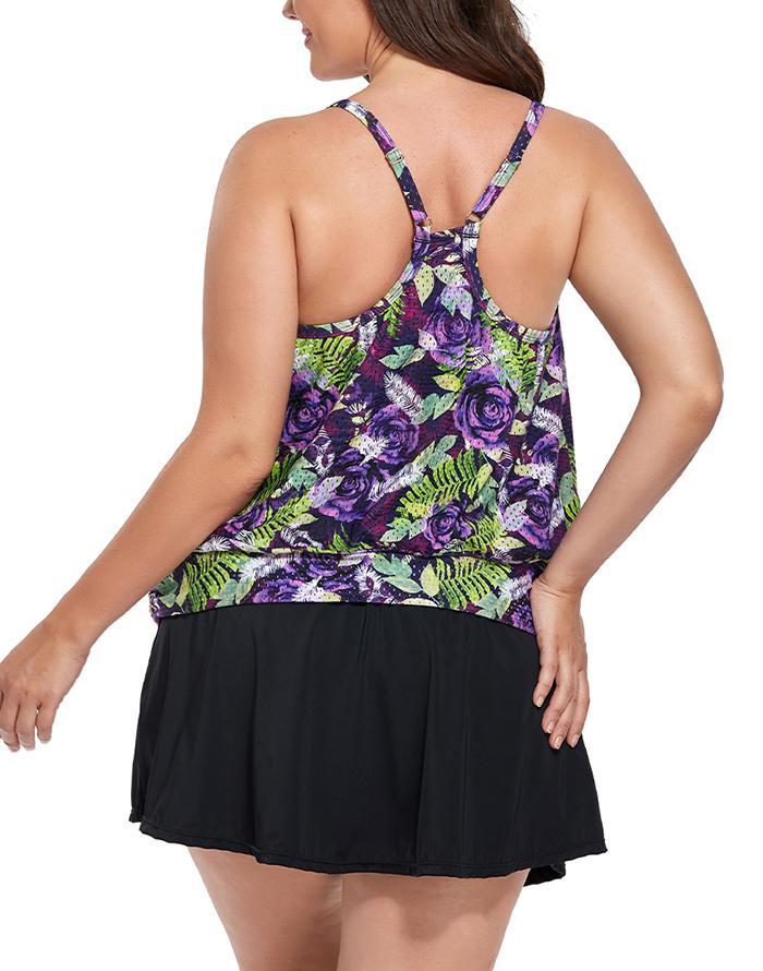 Purple Rose Lightweight Blouson Tankini With Side Slit Swim Skirt