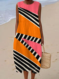 Women's Vintage Abstract Geometric Art Print Sleeveless Cotton Pocket Wrap Dress