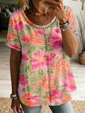 Retro Floral Print & Cutout Webbing Spliced loose-fit Cotton-linen Short-sleeve Shirt