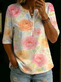 Women's Vintage Oil Painting Floral Print Cotton-linen Top With Henley Collar And Half Sleeves