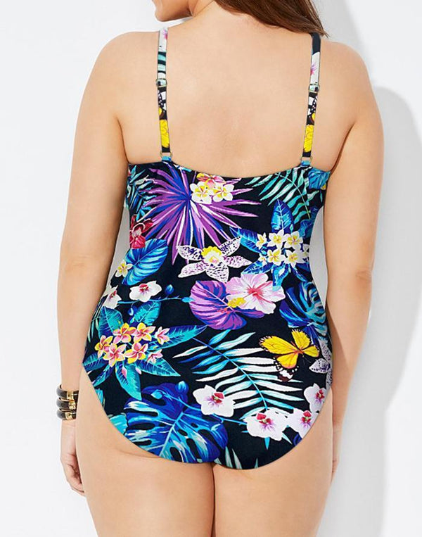 Flower Ruched Twist Front One Piece Swimsuit