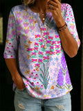 Women's Floral Pattern Art Print Casual Classic Henley Collar 100% Cotton T-shirt