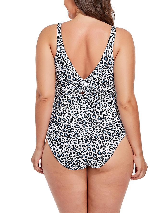 White Leopard print Ruched V-neck One Piece Swimsuit
