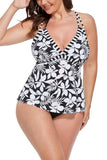 Black Flower V-neck Loop Strap Tankini Set