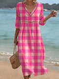 Bohemian-style Color-block Plaid Art Print Cotton-linen Dress