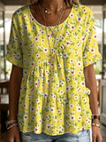 Retro Floral Decorative Pattern Women's Short Sleeve Round Collar Cotton Shirt