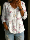Women's Retro Flower Art Print Linen Cotton Shirt