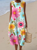 Women's Vintage Floral Art Print Sleeveless Cotton Pocket Wrap Dress