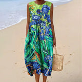 Women's Vintage Flowers Art Print Sleeveless Cotton Pocket Wrap Dress