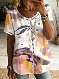 Retro Floral Print & Cutout Webbing Spliced loose-fit Cotton-linen Short-sleeve Shirt