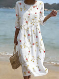 Women's Casual Solid Color Round Neck Mid-Sleeve Floral Print Cotton Linen Dress