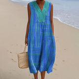 Women's Vintage Colorblock Striped Art Print Sleeveless Cotton Pocket Wrap V Neck Dress