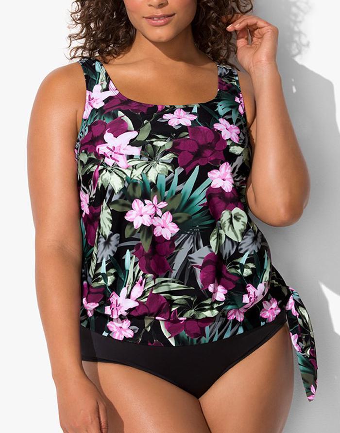 Wine Pink Flower Side Tie Blouson Tankini Set